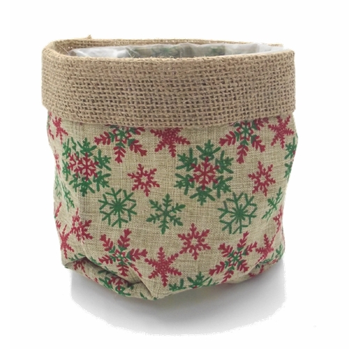 15cm Cloth Pot Planter - Plastic Lined - Snowflake Natural Red Green