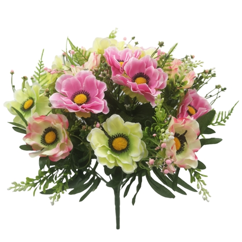 40cm Artificial Anemone Fern & Berries Mixed Bouquet - Pink Ivory