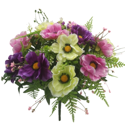 40cm Artificial Anemone Fern & Berries Mixed Bouquet - Purple Pink Ivory