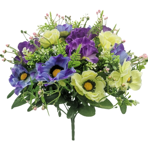 40cm Artificial Anemone Fern & Berries Mixed Bouquet - Purple Blue Ivory