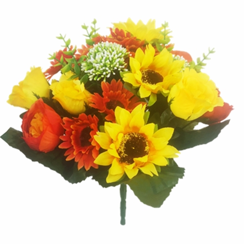 33cm Large Artificial Sunflower Rosebud and Foliage Bunch - Yellow Orange