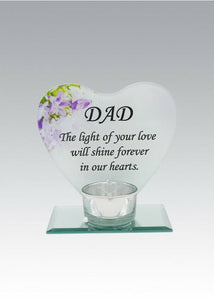 Glass Heart Memorial Plaque Tea Light Candle Holder Floral Graveside Tribute