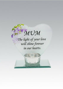 Glass Heart Memorial Plaque Tea Light Candle Holder Floral Graveside Tribute