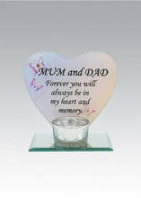 Load image into Gallery viewer, Glass Heart Memorial Plaque Tea Light Candle Holder Floral Graveside Tribute