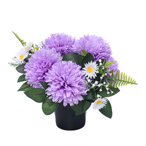Chrysanthemum Daisy & Foliage Memorial Grave Pot - Lilac and White