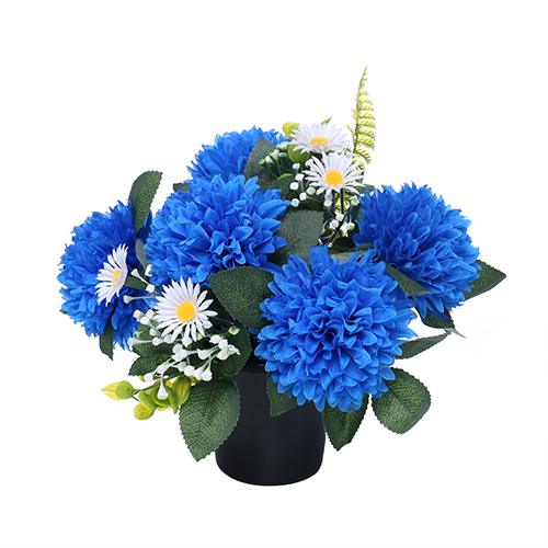 Chrysanthemum Daisy & Foliage Memorial Grave Pot Blue and White
