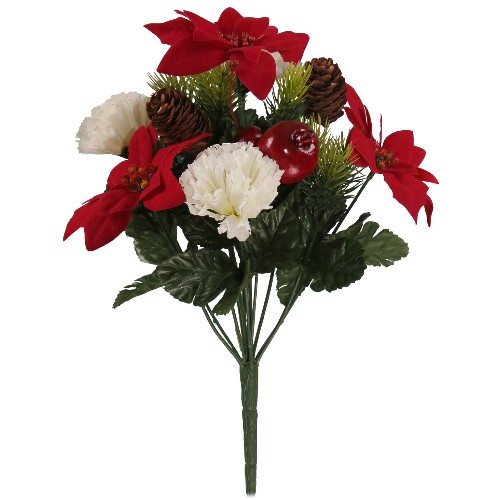 37cm Red Ivory Poinsettia Carnation Cone Christmas Bunch - Christmas Xmas Artificial Greenery