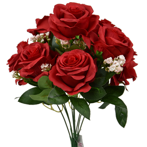 Large Open Rose Bush Red with Gyp - Artificial Flower Valentines Christmas