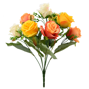 40cm Orange Cream Yellow Rosebud Bush with Gyp - 9 Heads - Artificial Flower