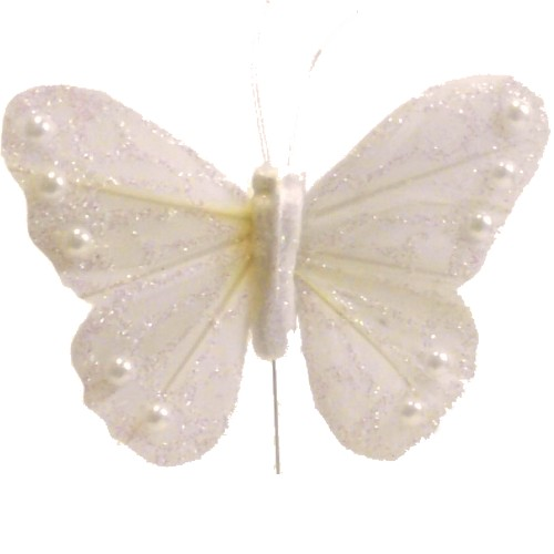 White/Ivory Feather Glitter and Jewel Butterfly Butterflies (12 Pack)