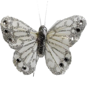 Silver Feather Glitter and Jewel Butterfly Butterflies (12 Pack)