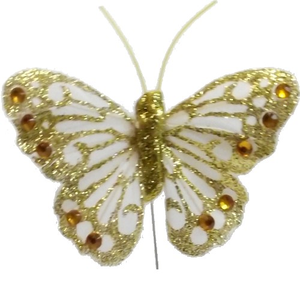 Ivory/Gold Feather Glitter and Jewel Butterfly Butterflies (12 Pack)