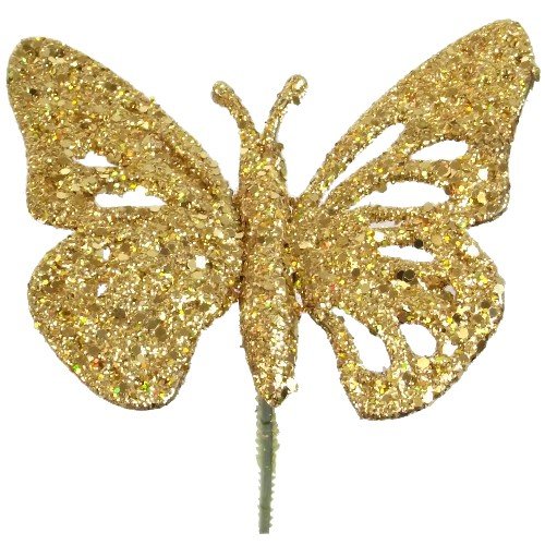 Glittered Plastic Butterfly Pick Gold - Bouquet Christmas Floral