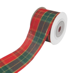 Festive Fabric Cut Edge Tartan Ribbon Red/Green/Gold 35mm x 10yds