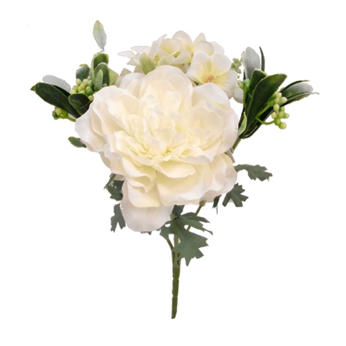 25cm Peony, Hydrangea With Berries & Foliage Bouquet Ivory - Artificial