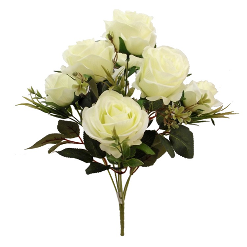 40cm Ivory Rose Bush with Autumn Foliage - Artificial Flower Bunch