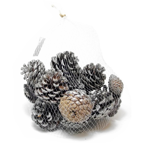 4-6cm Pine Cones In Net Bag Natural/Silver Glitter x250g - Floral Christmas Wreath Decoration