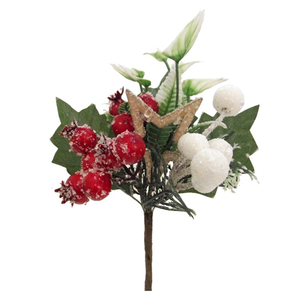 21cm Xmas Pick With Berries Foliage And Wooden Star Red/White