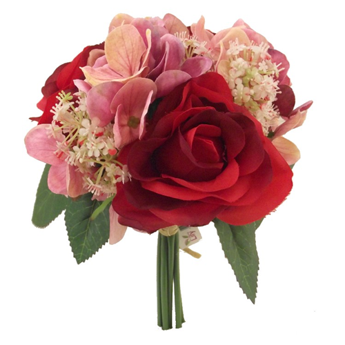 28 cm Rose & Hydrangea Bundle With Foliage Red/Pink