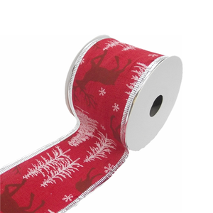 CHRISTMAS FABRIC WIRED EDGE RIBBON 63mm X 10yds TREES AND STAG RED/SILVER/WHITE