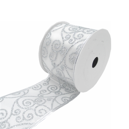 White Silver Swirl Design Wired Edge Christmas Ribbon - 63mm x 10yds