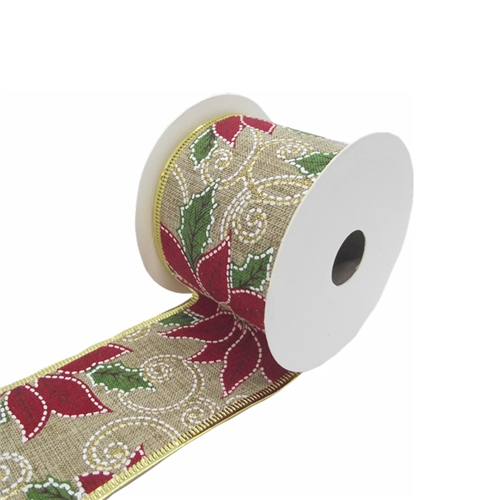 Poinsettia Design Wired Edge Christmas Ribbon - 63mm x 10yds