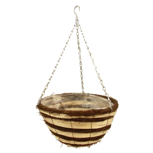 12" Split Bamboo and Twig Striped Round Lined Hanging Basket