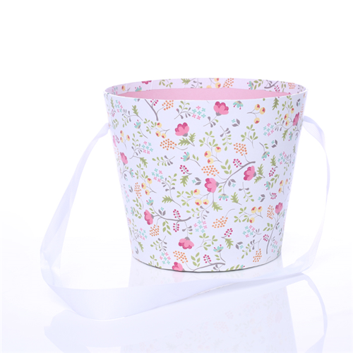 16cm Round Floral Pot with Ribbon Handle Pink/White Floral Design