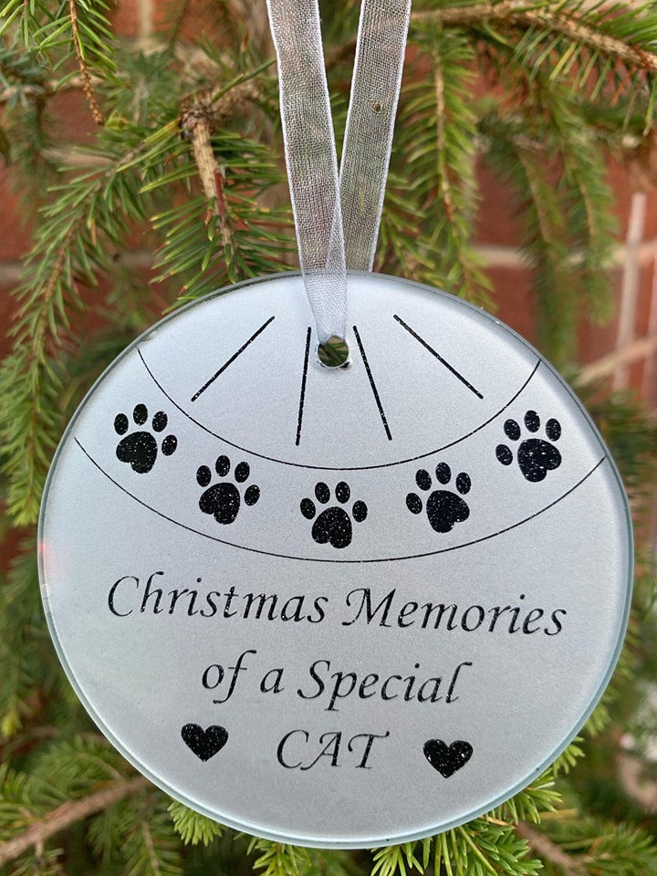 Pet Cat - Glass Christmas Tree Memorial Bauble - Plaque Remembrance Tribute