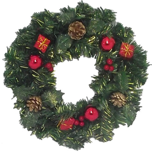 30cm Spruce Wreath With Parcels Cones Berries And Baubles Red/Gold