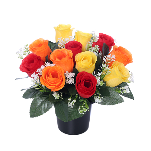 Rose, Gyp and Foliage Memorial Grave Pot- Orange/Red/Yellow