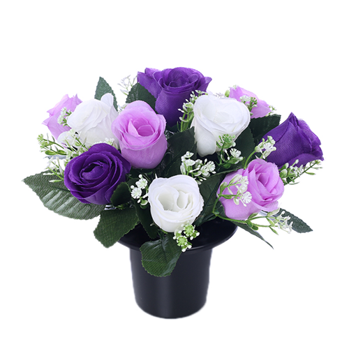 Rose, Gyp and Foliage Memorial Grave Pot - Ivory/Lilac/Purple