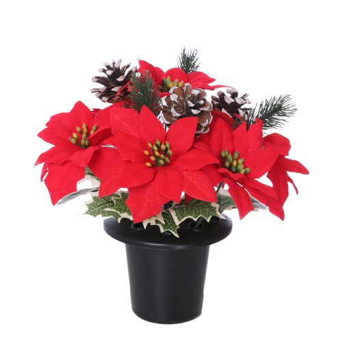 Red Poinsettia with Cones and Foliage -  Xmas Christmas Memorial Grave Pot