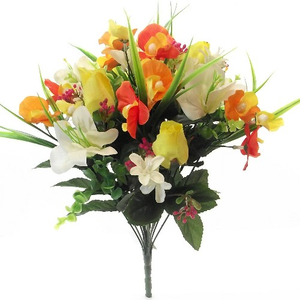 40cm Large Rosebud Alstro and Orchid Mixed Bush - Yellow Orange White
