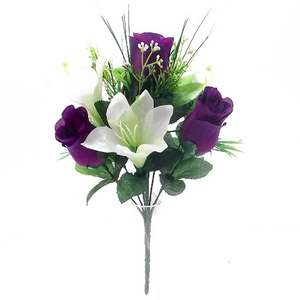 30cm Rosebud and Lily Bunch Purple & Cream - Artificial