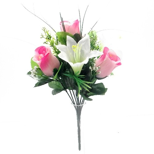 30cm Rosebud and Lily Bunch Pink & Cream - Artificial
