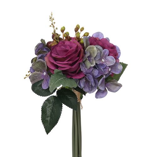 28 cm Artificial Rose, Hydrangea & Berry Bundle Purple/Wine