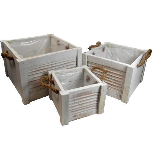 Set of Three Wooden Square Planter Basket Containers With Rope Handles - Flower Garden Plant Pot