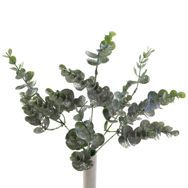 36cm Silver Glittered Artificial Plastic Eucalyptus Bush Bunch - Greenery Christmas Foliage