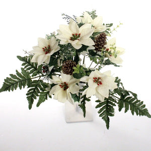 40cm Large Ivory Poinsettia Bunch - Cones Foliage Glitter - Artificial Christmas Xmas