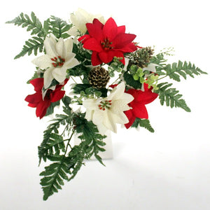 40cm Large Mixed Red & Ivory Poinsettia Bunch - Cones Foliage Glitter - Artificial Christmas Xmas