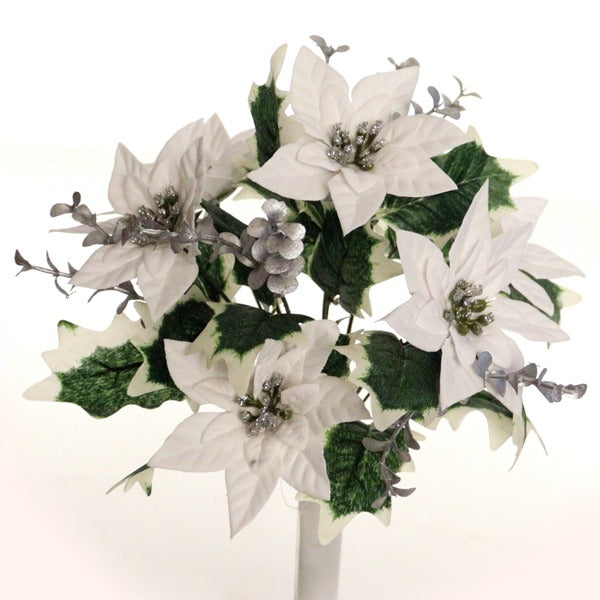 40cm White with Silver Glitter Detail Poinsettia Foliage Bunch - Artificial Christmas Xmas