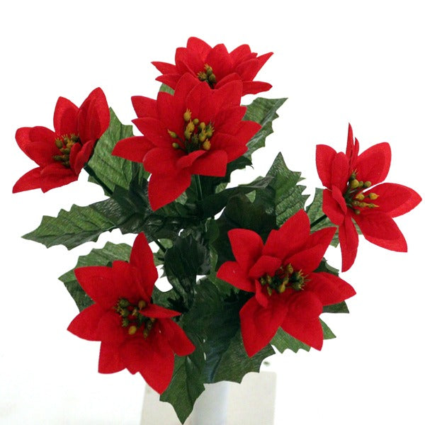 28cm Velvet Mini Red Poinsettia Bush - 6 Heads - Christmas Artificial Xmas Flower