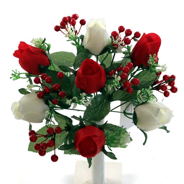 34cm Red & Ivory with Red Berry Rose Bud Bush Bunch - Artificial Christmas Xmas