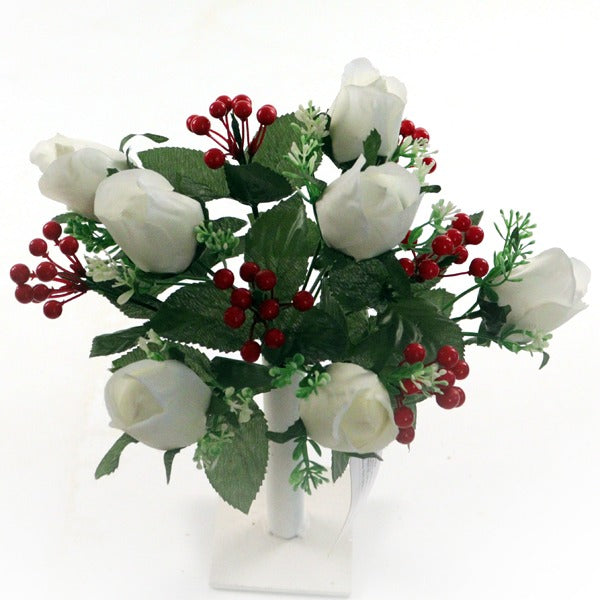34cm Ivory with Red Berry Rose Bud Bush Bunch - Artificial Christmas Xmas