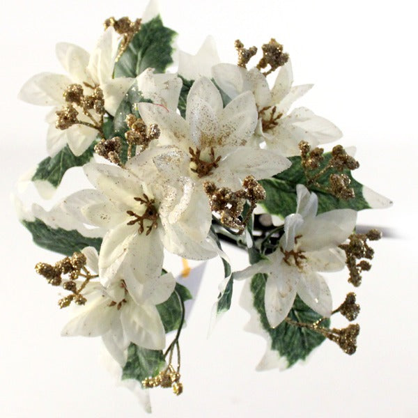 28cm Ivory Glittered Poinsettia and Gyp Bush Bunch - Christmas Xmas Artificial Greenery