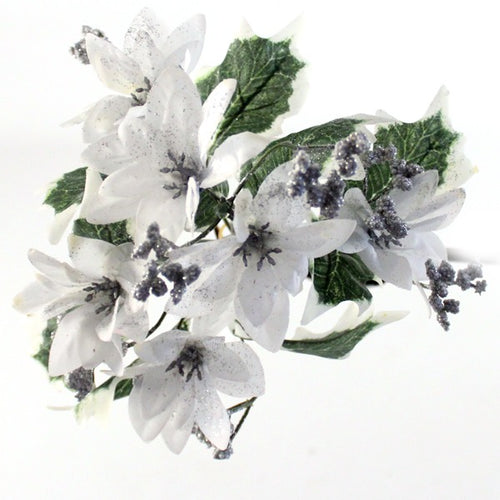28cm White Glittered Poinsettia and Gyp Bush Bunch - Christmas Xmas Artificial Greenery (XB3)