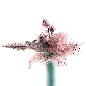 20cm Glittered Pink Bird Leaf Pick - Christmas Xmas Pick
