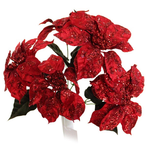 40cm Large Red Glitter Velvet Poinsettia Bush - Christmas Xmas Artificial