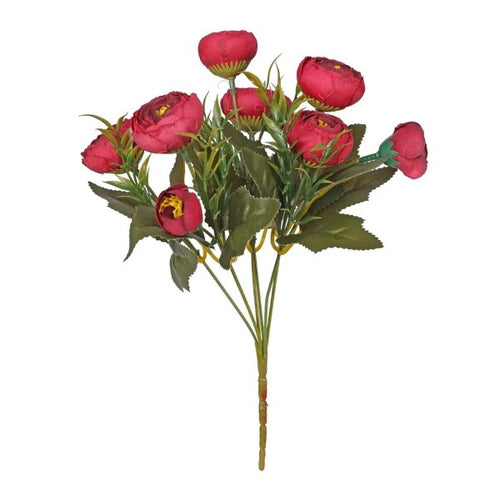30cm Mini Ranunculus Bunch Bush Burgundy with Foliage - Artificial Flower